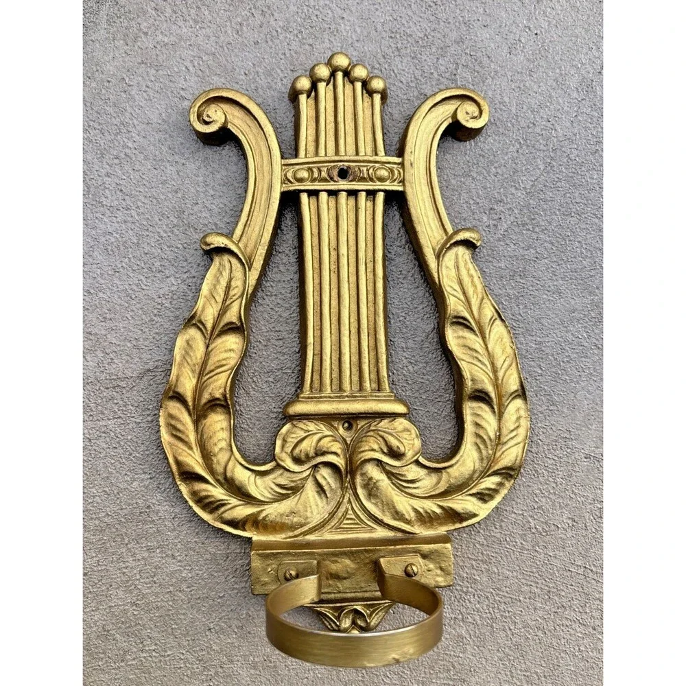 Vintage Syroco Wood Lyre Harp Gold Wall Sconce Syracuse NY - No Bud Vase